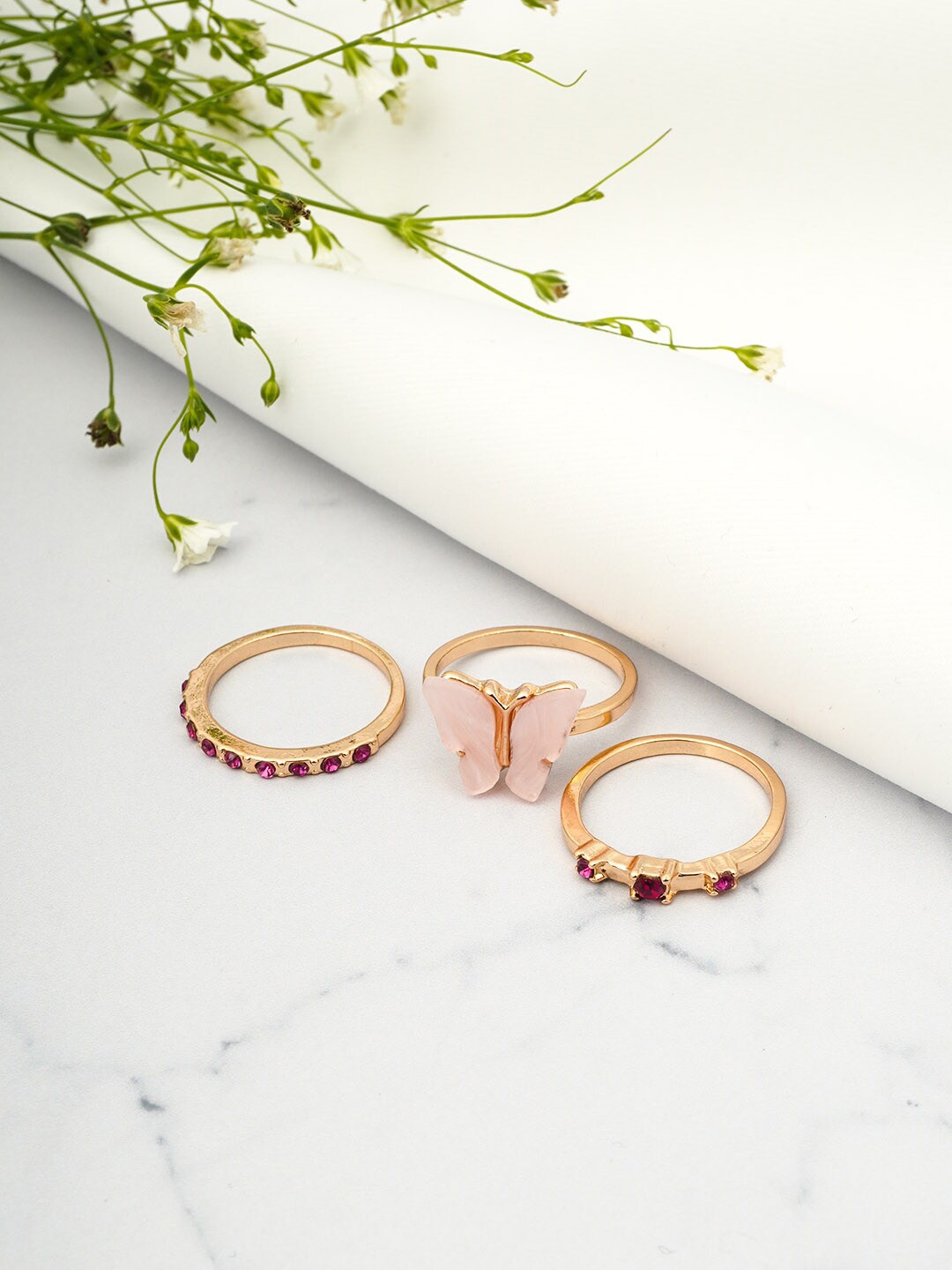 

Emmie Rose Set Of 3 Stone-Studded & Beaded Butterfly Finger Ring, Rose gold