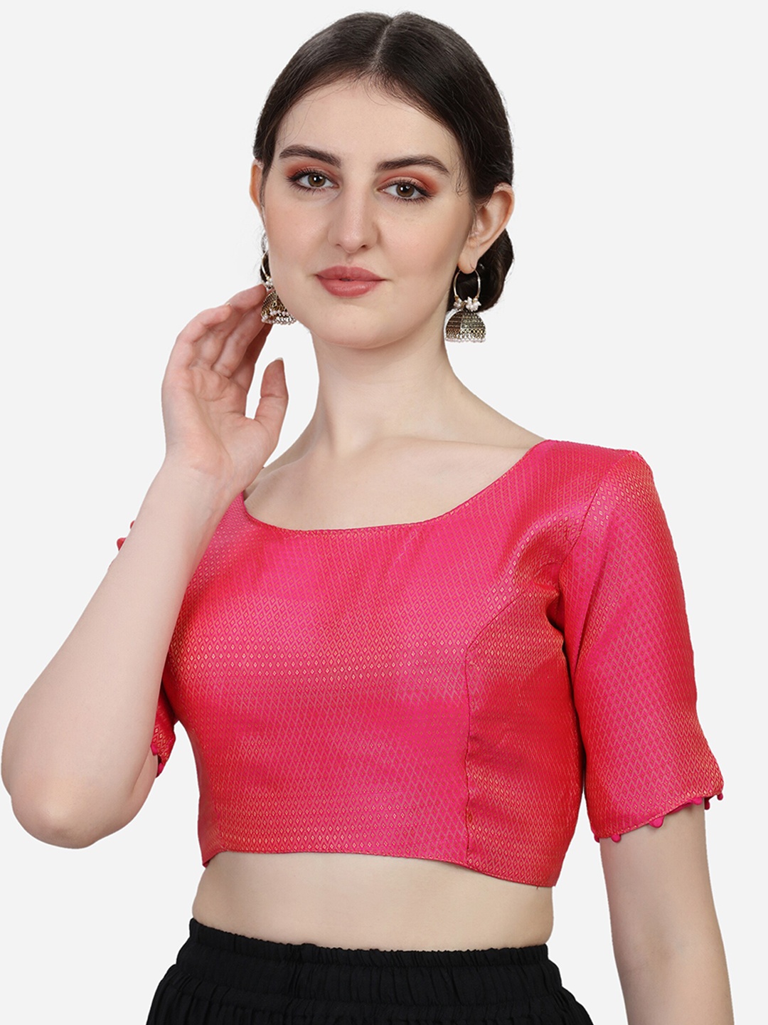 

Amrutam Fab Women Pink & Golden Woven-Design Jacquard Saree Blouse