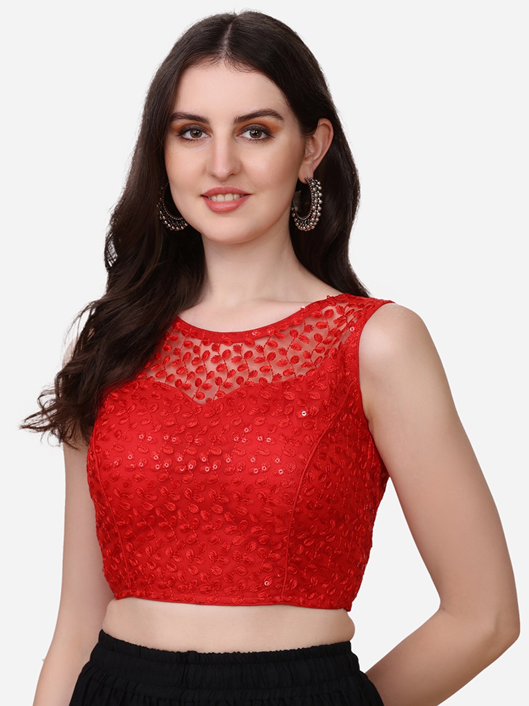 

Amrutam Fab Women Red Sequin Embroidered Net Blouse With Boat Neck
