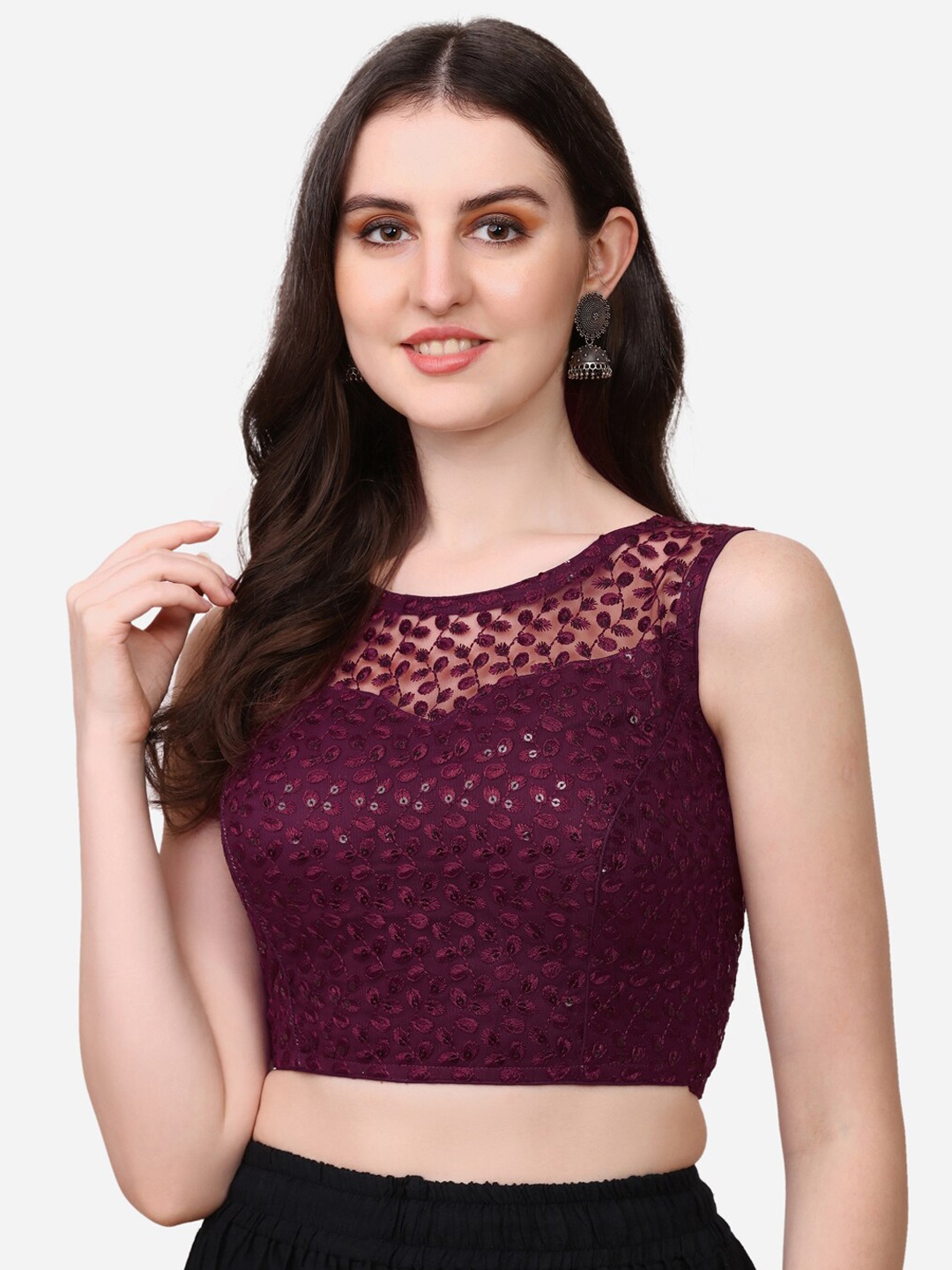 

Amrutam Fab Women Purple Embroidered & Sequences Net Saree Blouse