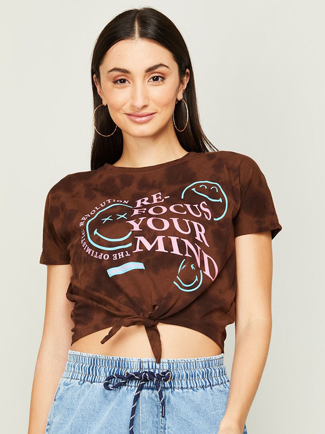 

SmileyWorld Women Multicoloured Print Extended Sleeves Crop Pure cotton Top, Multi