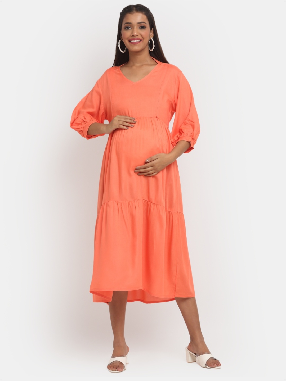 

Mylo Maternity A-Line Midi Dress with Zipper, Peach