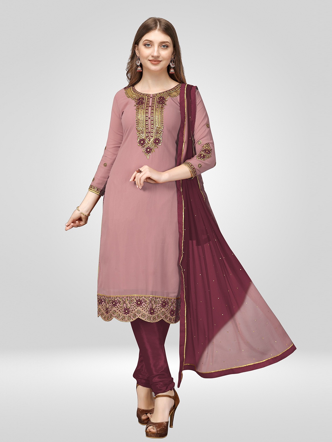 

Nivah Fashion Women Mauve & Gold-Toned Embroidered Unstitched Dress Material