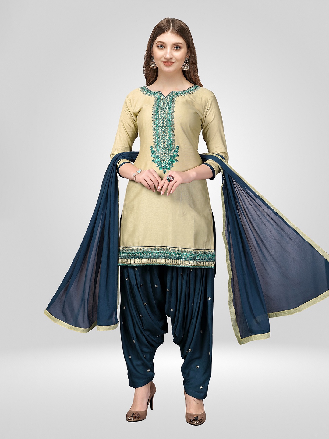 

Nivah Fashion Women Turquoise Blue & Beige Embroidered Pure Cotton Dress Material