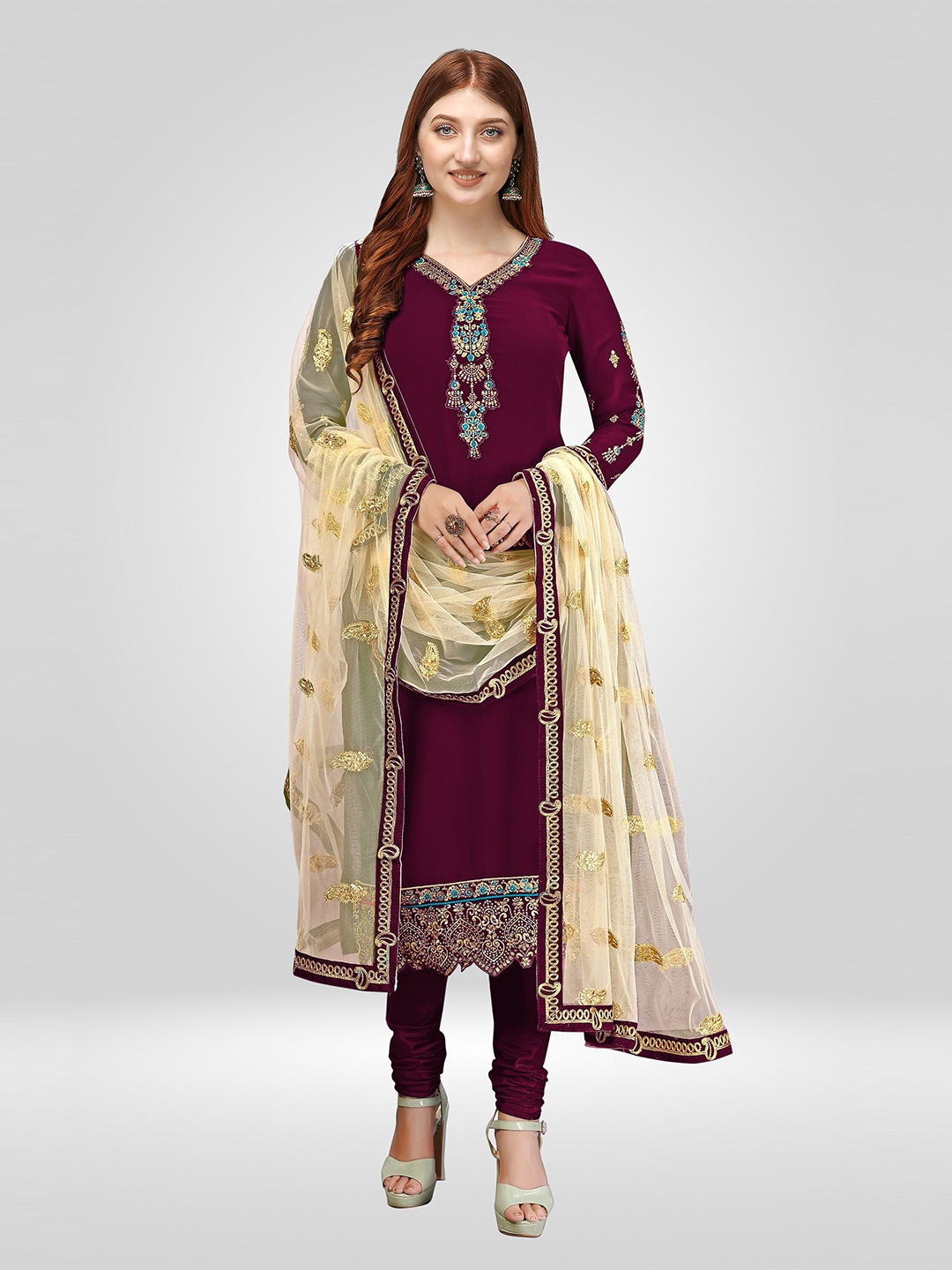

Nivah Fashion Women Purple & Gold-Toned Embroidered Unstitched Dress Material