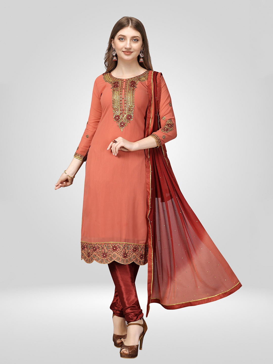 

Nivah Fashion Brown & Gold-Toned Embroidered Unstitched Dress Material