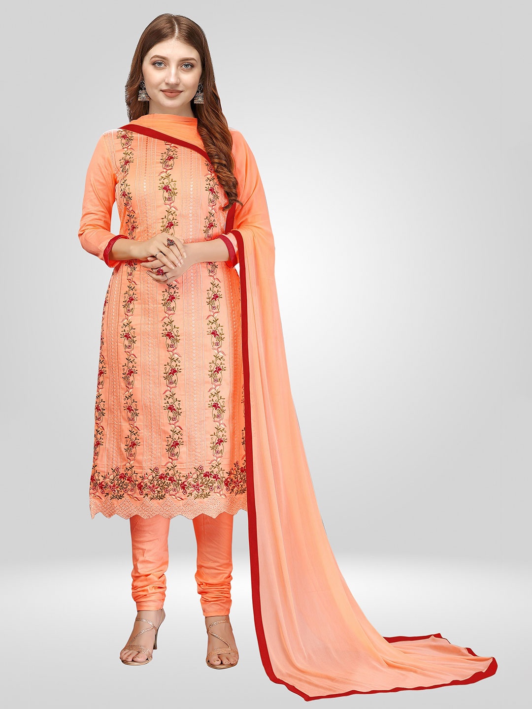 

Nivah Fashion Women Orange & Red Embroidered Unstitched Dress Material