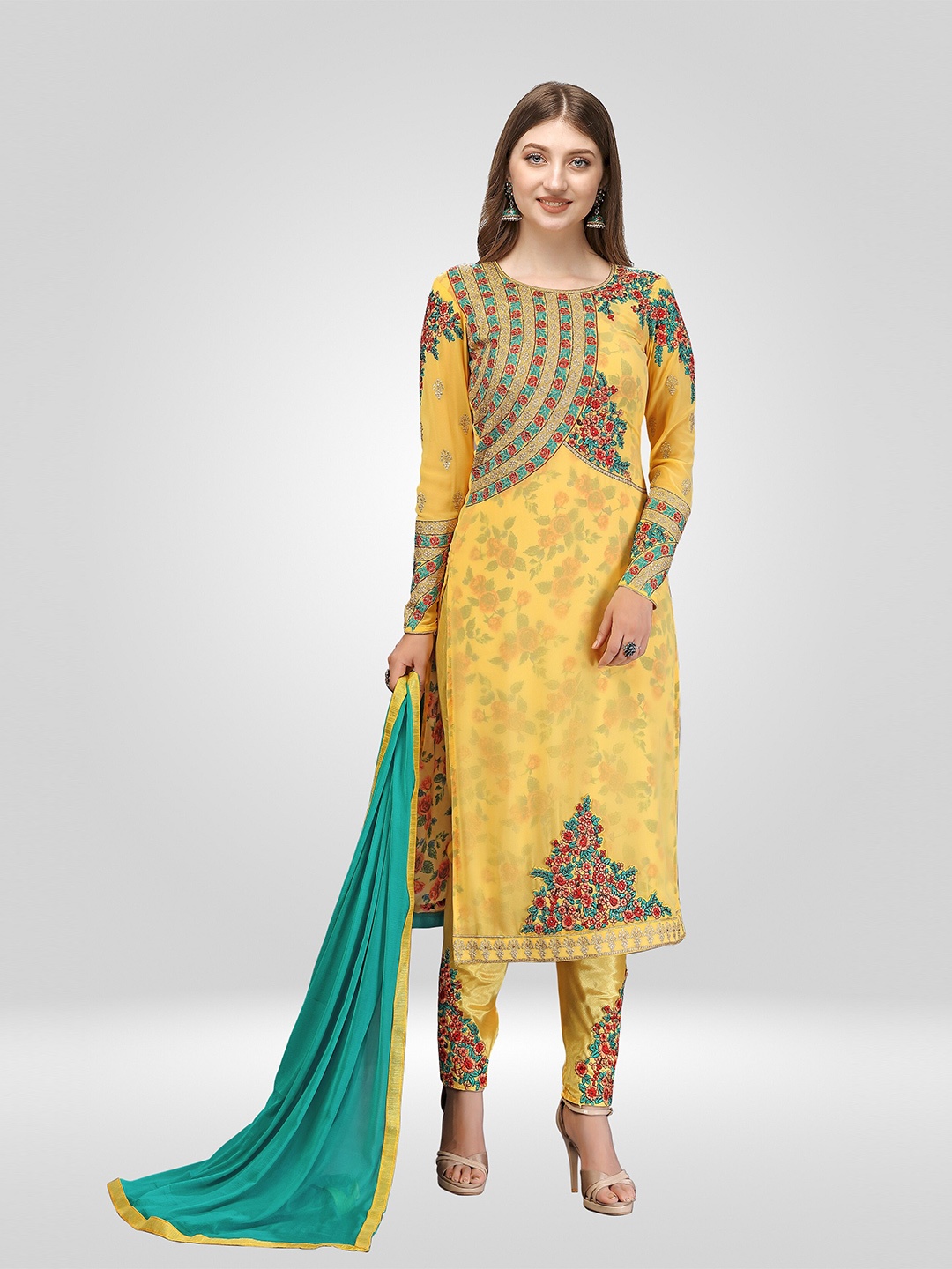 

Nivah Fashion Women Yellow & Green Embroidered Unstitched Dress Material