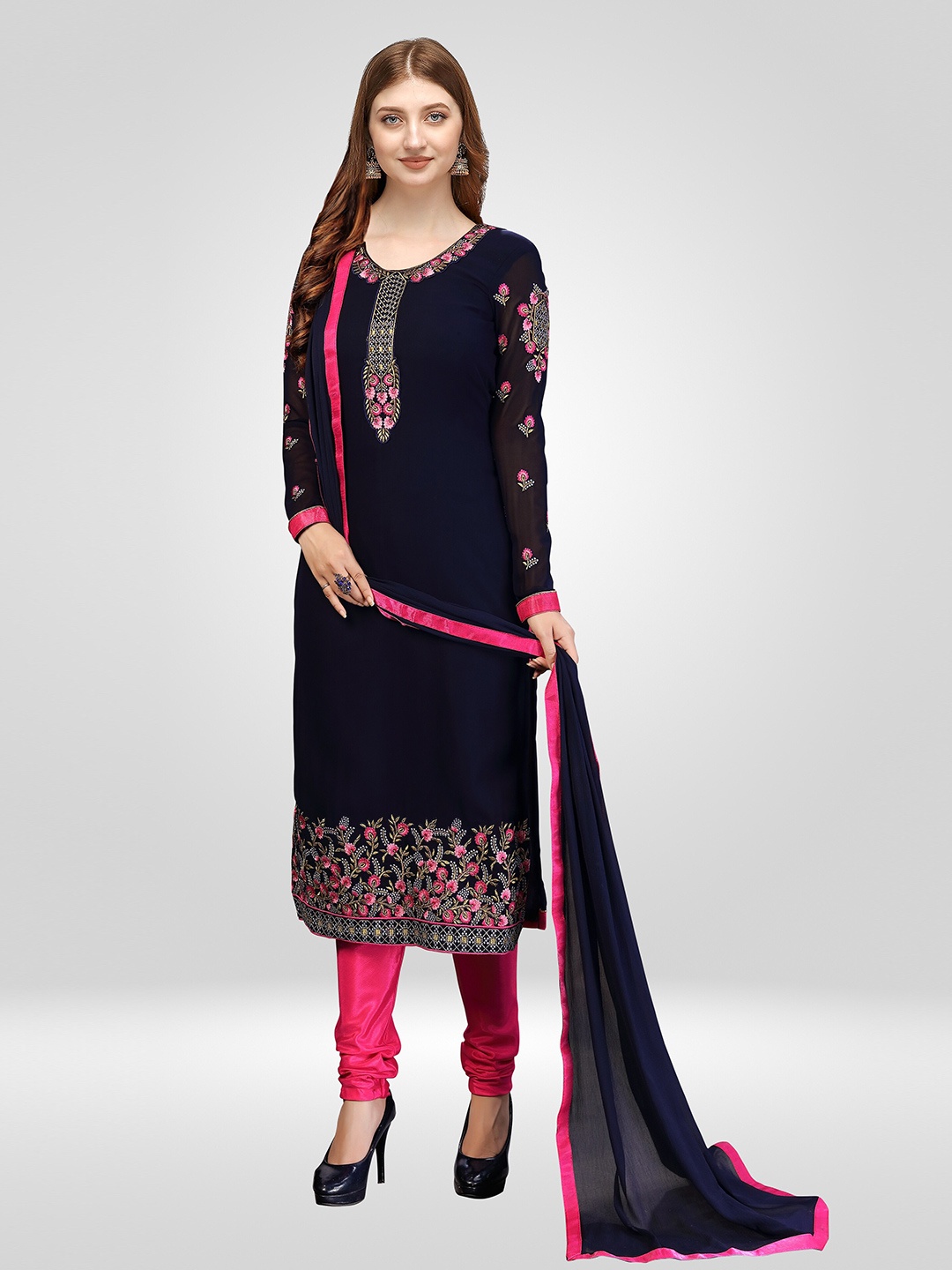 

Nivah Fashion Women Blue & Pink Embroidered Unstitched Dress Material