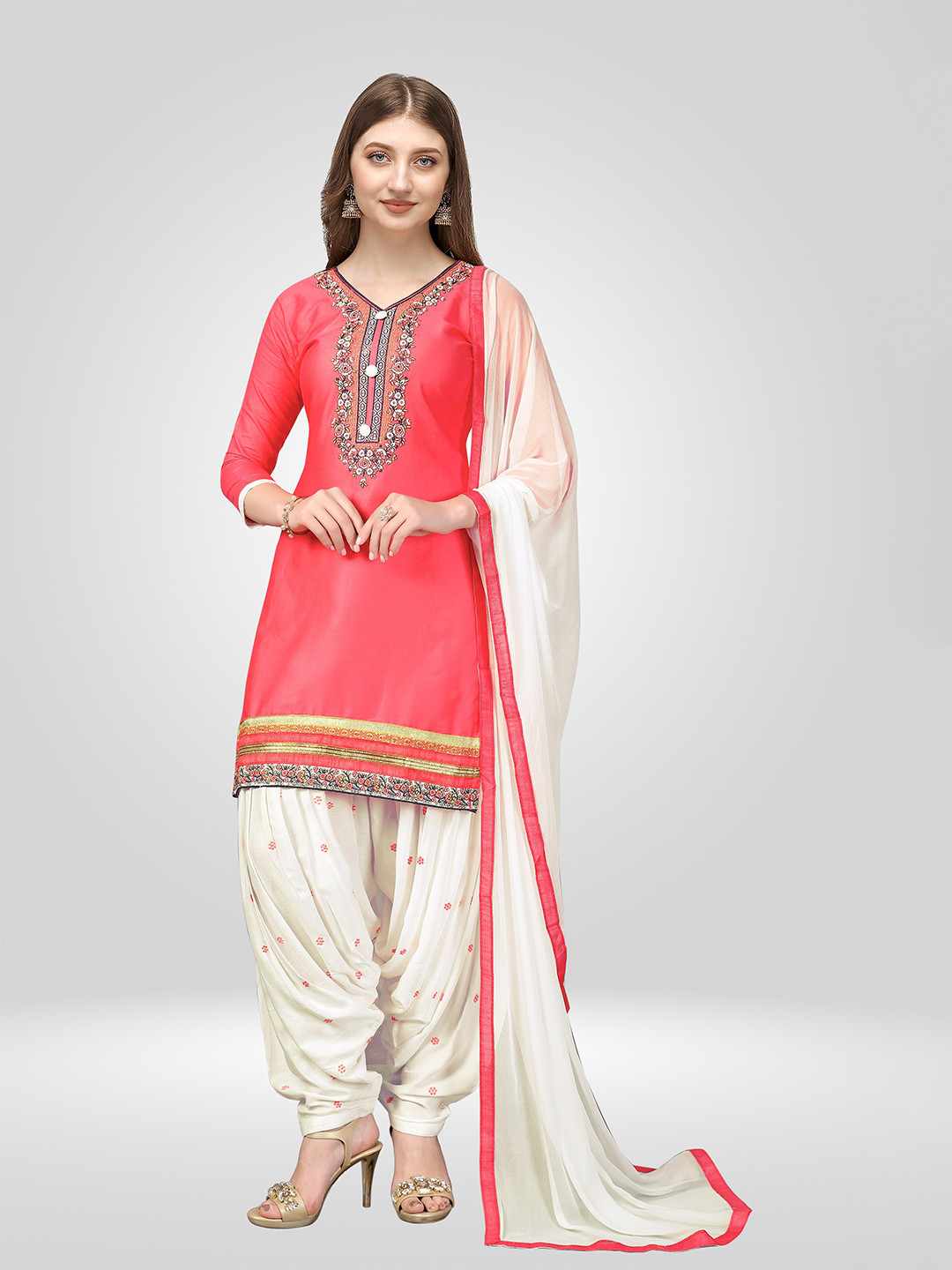 

Nivah Fashion Women Pink & White Embroidered Pure Cotton Unstitched Dress Material