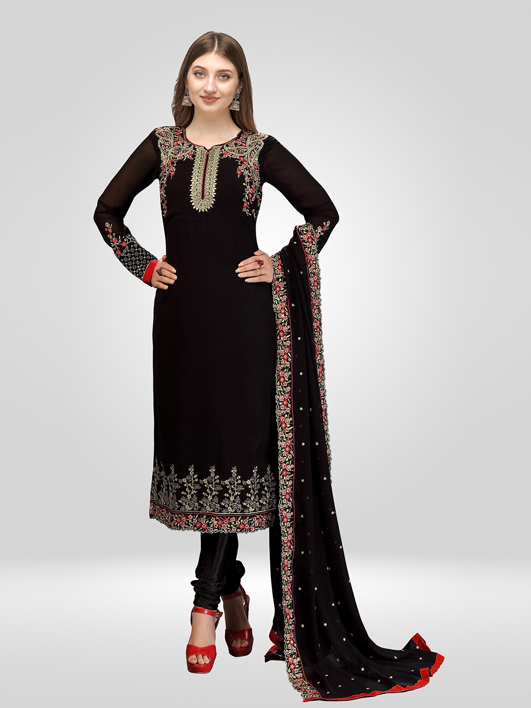 

Nivah Fashion Black & Red Embroidered Unstitched Dress Material