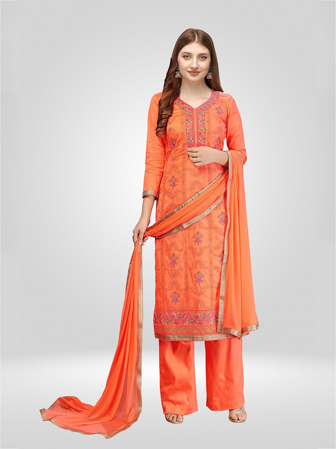 

Nivah Fashion Women Orange & Gold-Toned Embroidered Pure Cotton Unstitched Dress Material