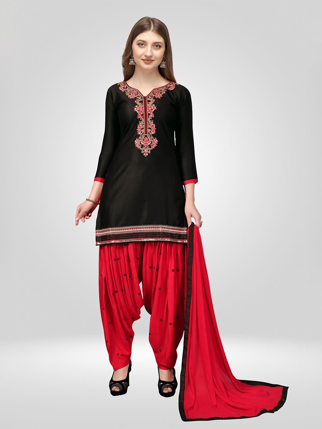 

Nivah Fashion Women Black & Red Embroidered Pure Cotton Unstitched Dress Material