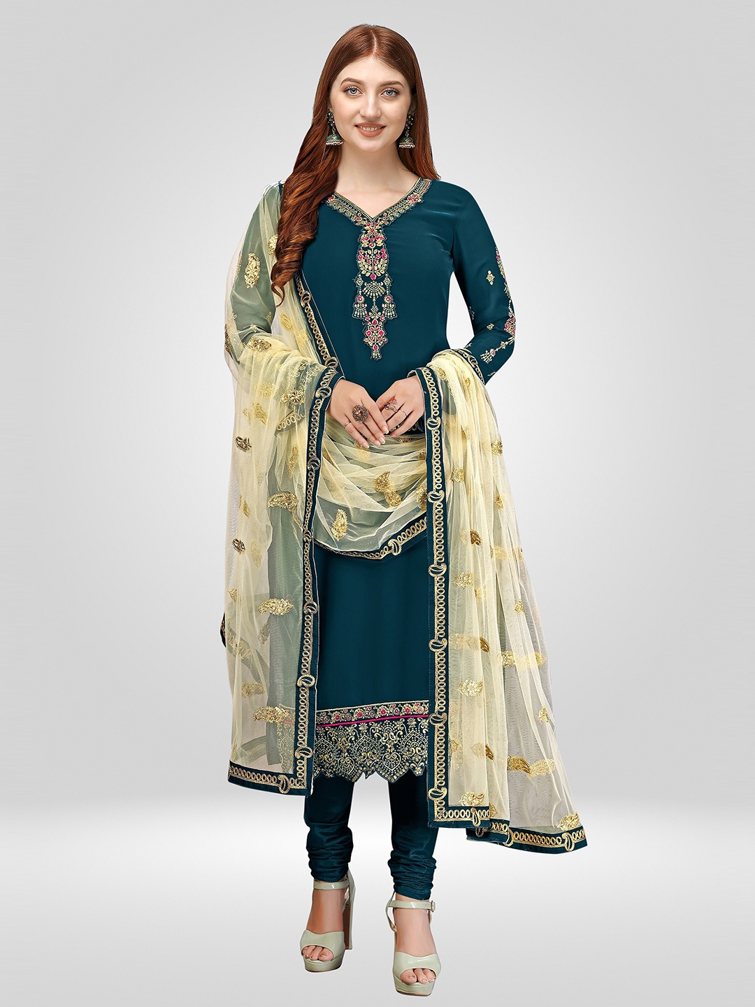 

Nivah Fashion Women Green & Gold-Toned Embroidered Unstitched Dress Material
