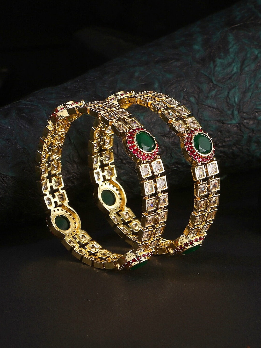 

Adwitiya Collection Gold-Plated Green Diamond-Studded & Pearl Beaded Bangles