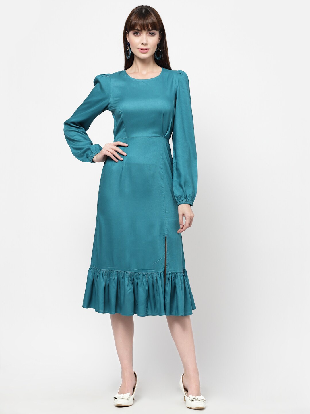 

FLAWLESS Teal Solid A-Line Puff Sleeved Dress