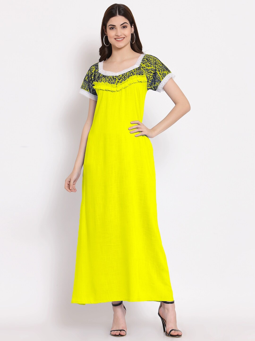 

PATRORNA Women Yellow Maxi Nightdress