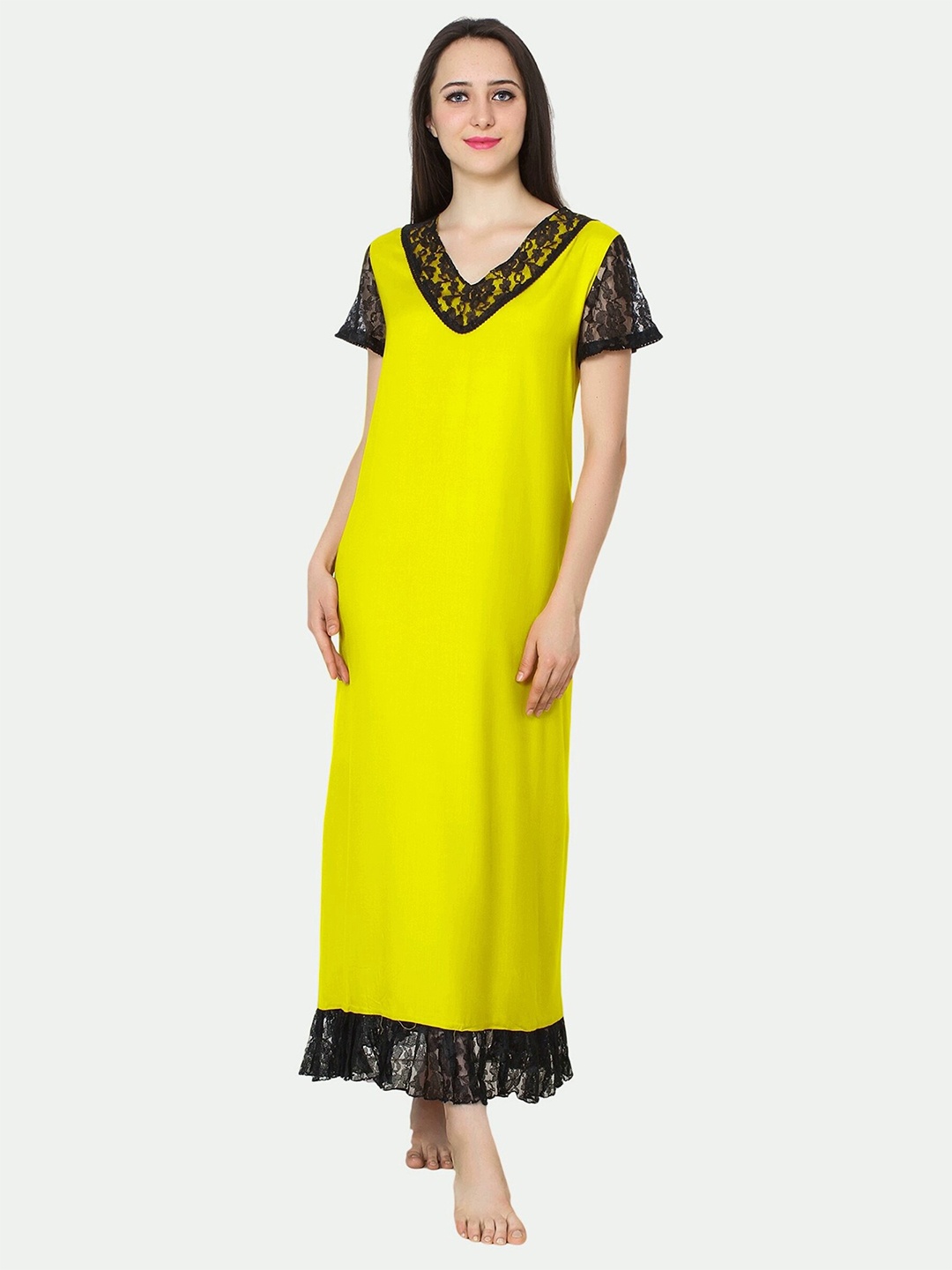 

PATRORNA Women Yellow Maxi Nightdress