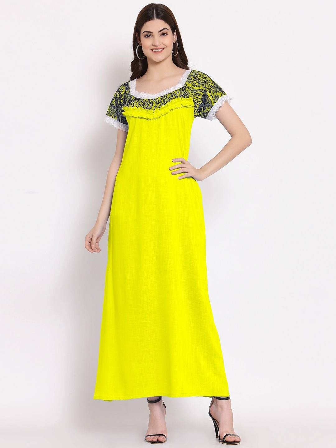 

PATRORNA Women Yellow Maxi Nightdress