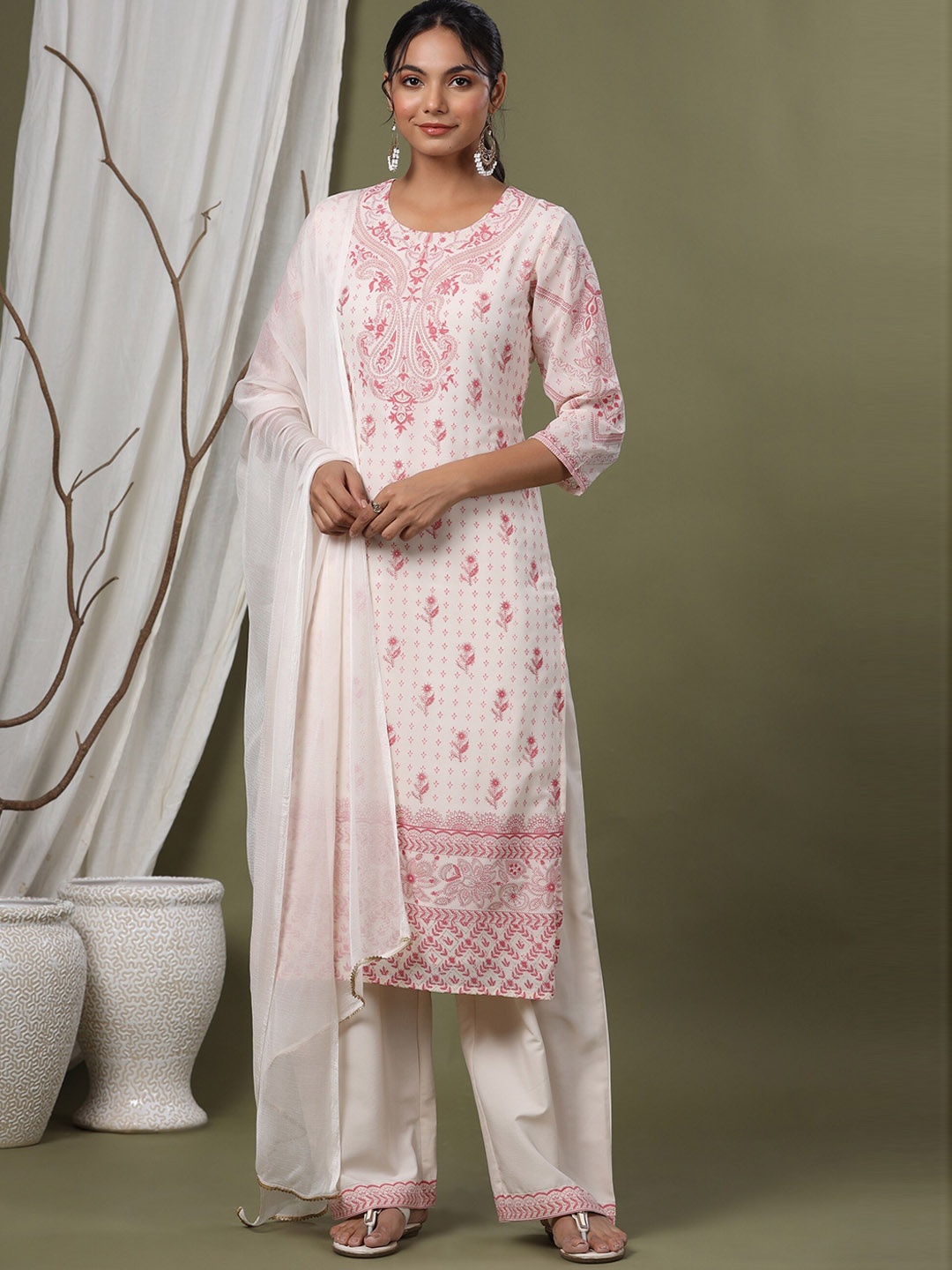 

Juniper Women Pink Ethnic Motifs Printed Silk Chiffon Kurta with Palazzos & With Dupatta