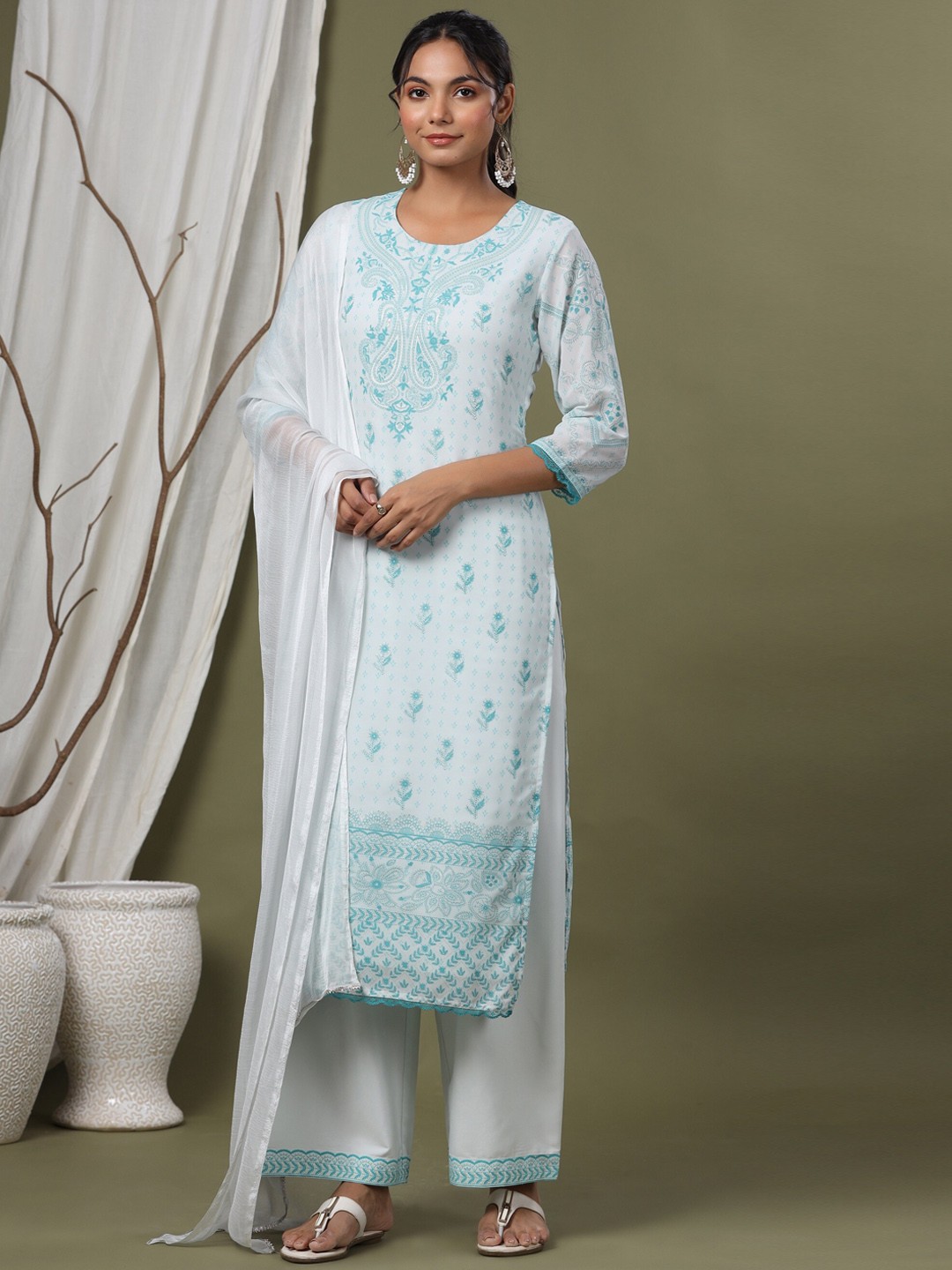 

Juniper Women White Ethnic Motifs Printed Silk Chiffon Kurta with Palazzos & With Dupatta