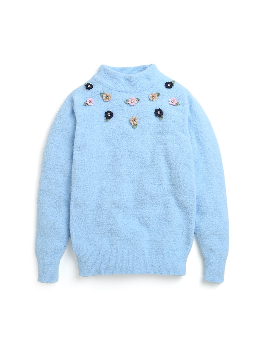 

Tiny Girl Girls Blue Floral Applique Long Sleeves Pullover Sweater