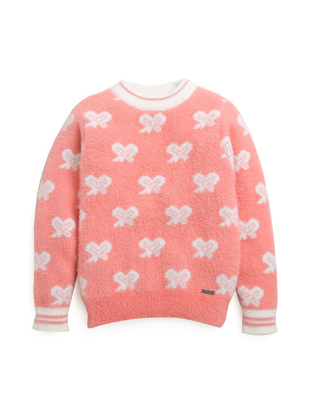 

Tiny Girl Girls Peach And White Bow Design Print Long Sleeves Pullover Sweater