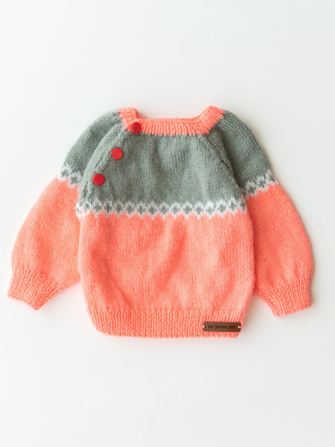 

The Original Knit Unisex Kids Peach And Olive Green Colourblocked Pullover Sweater