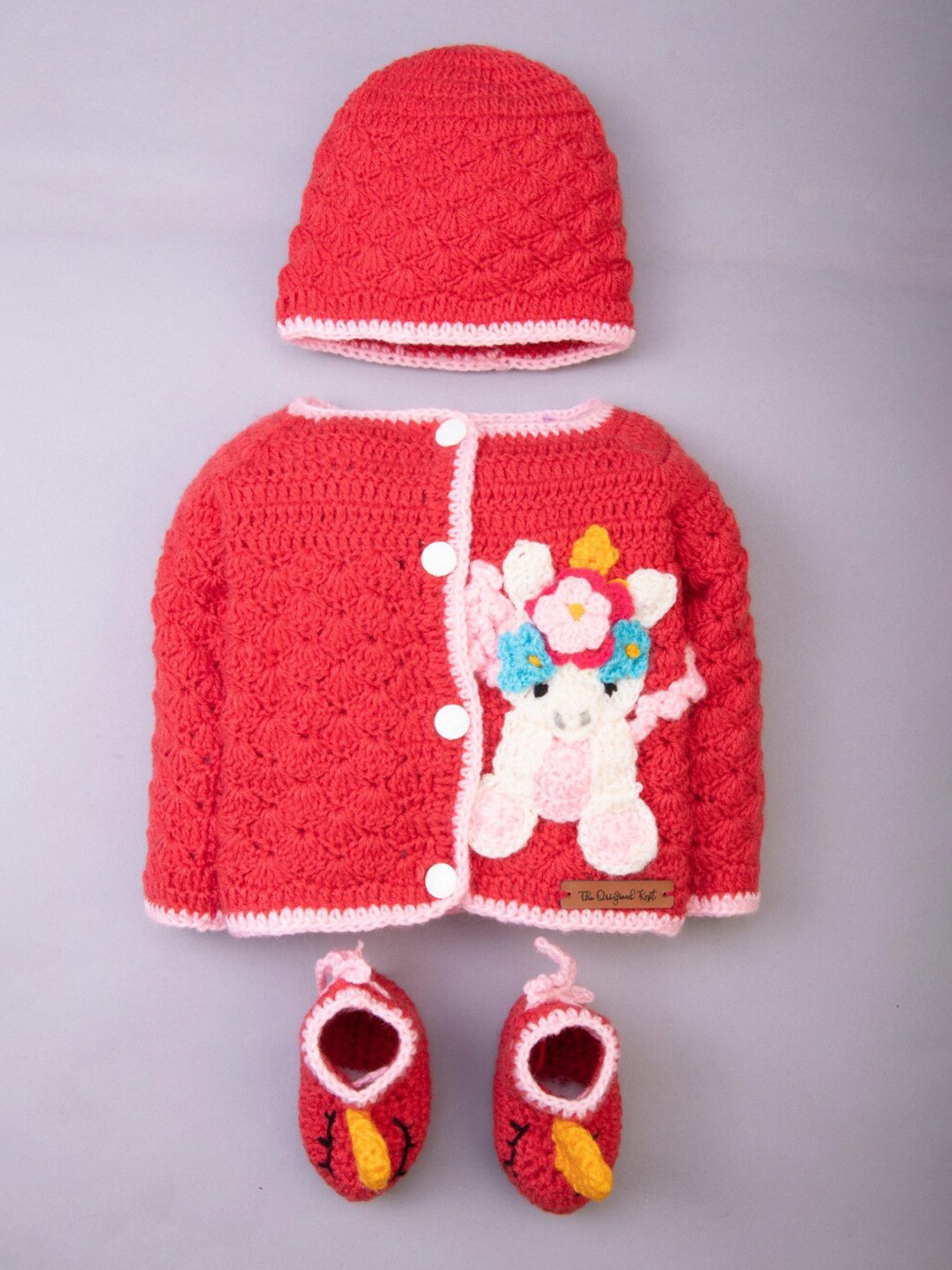 

The Original Knit Unisex Kids Red & White Cardigan Cap, Sock & Mittens Sweater Set