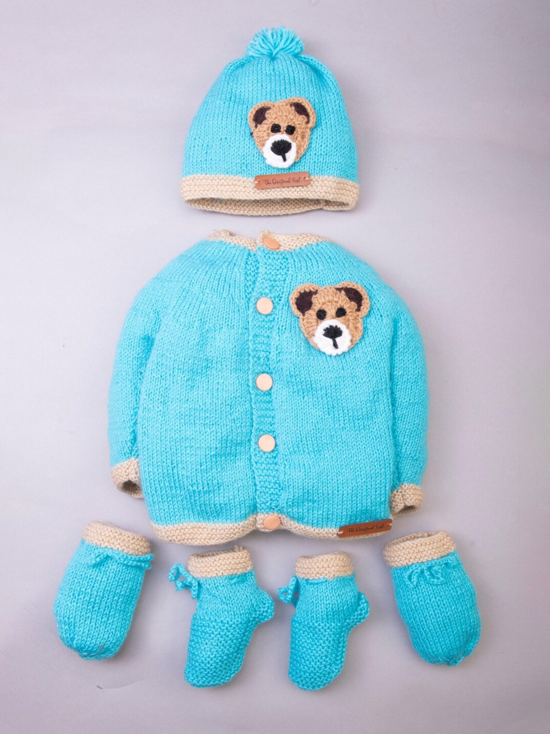 

The Original Knit Kids Blue & Beige Cap, Sock & Mittens Sweater Set