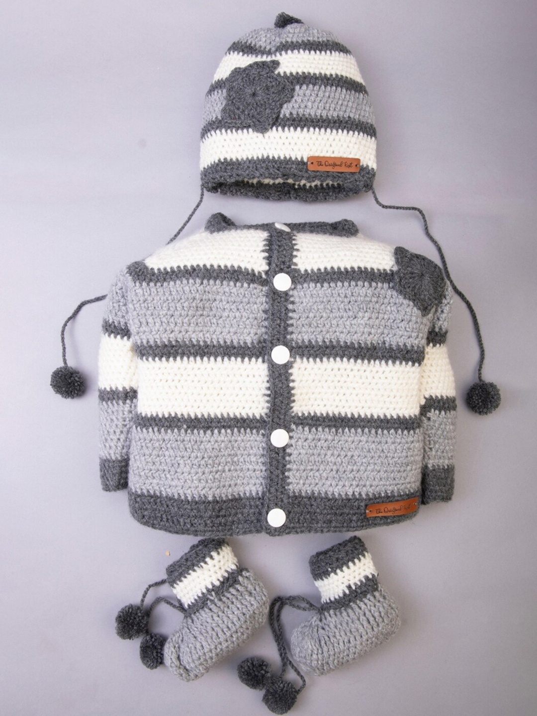 

The Original Knit Unisex Kids Grey & Off White Striped Cardigan set