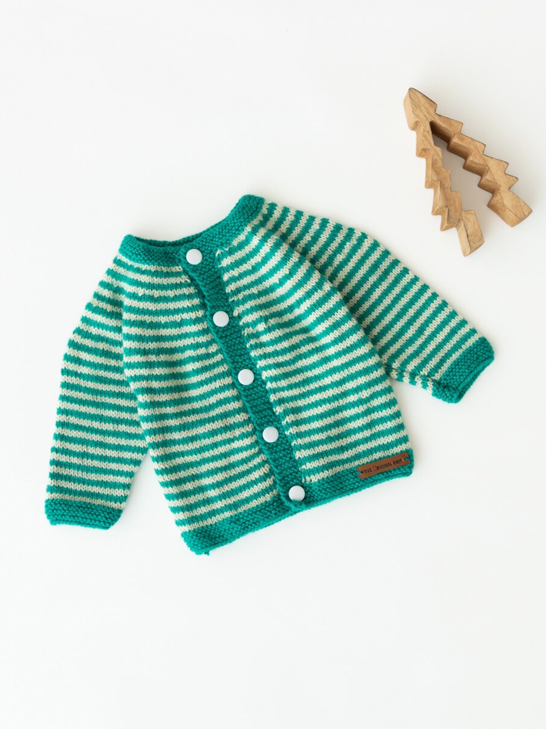 

The Original Knit Unisex Kids Sea Green & Off White Striped Cardigan