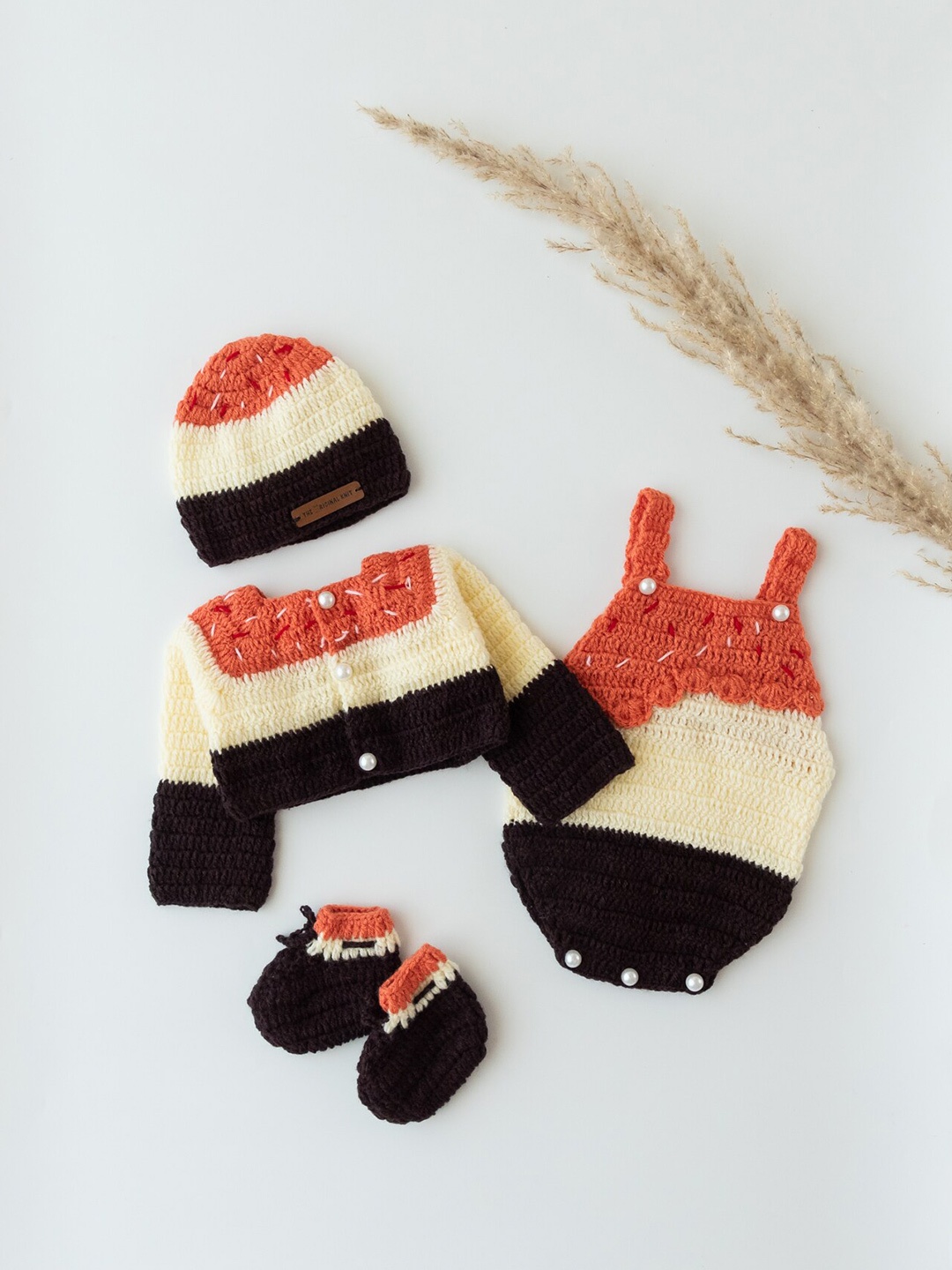 

The Original Knit Girls Orange & Cream-Coloured Colourblocked Romper Set