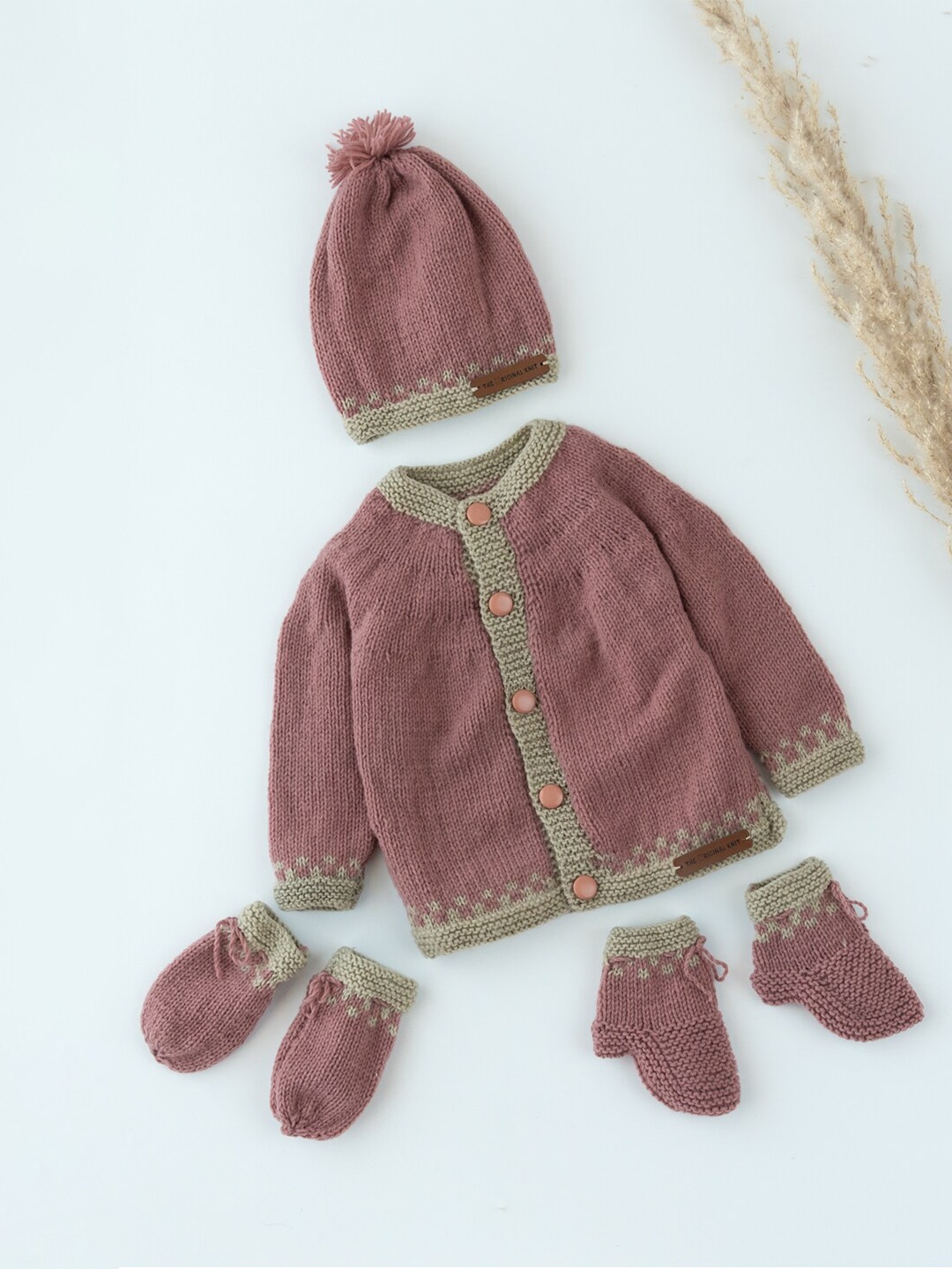 

The Original Knit Kids Brown & Grey Cardigan Sweater Set With Cap,Mittens & Botties