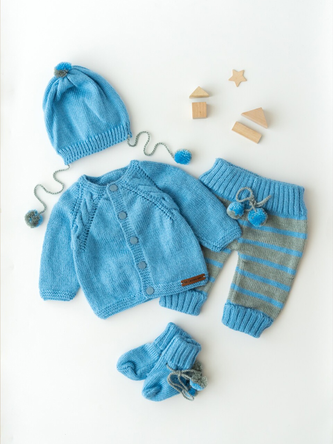 

The Original Knit Kids Blue & Grey Cardigan With Cap Booties & Pyjama Set