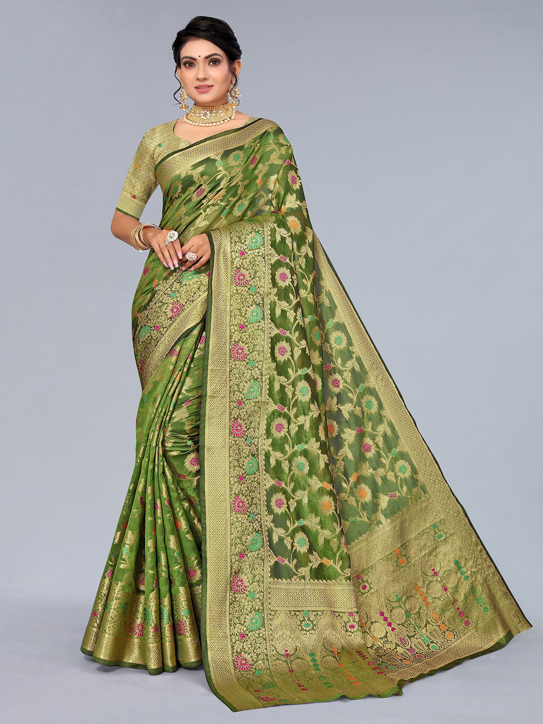 

Mitera Green & Red Floral Zari Organza Saree