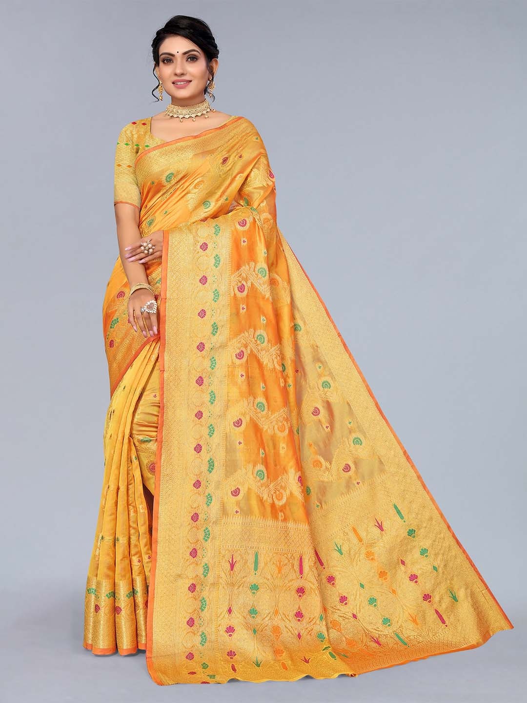 

Mitera Yellow & Gold Ethnic Motifs Zari Organza Saree