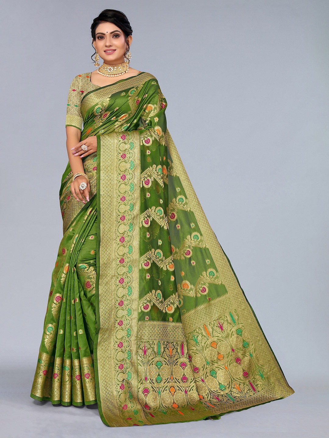 

Mitera Green & Red Floral Organza Saree