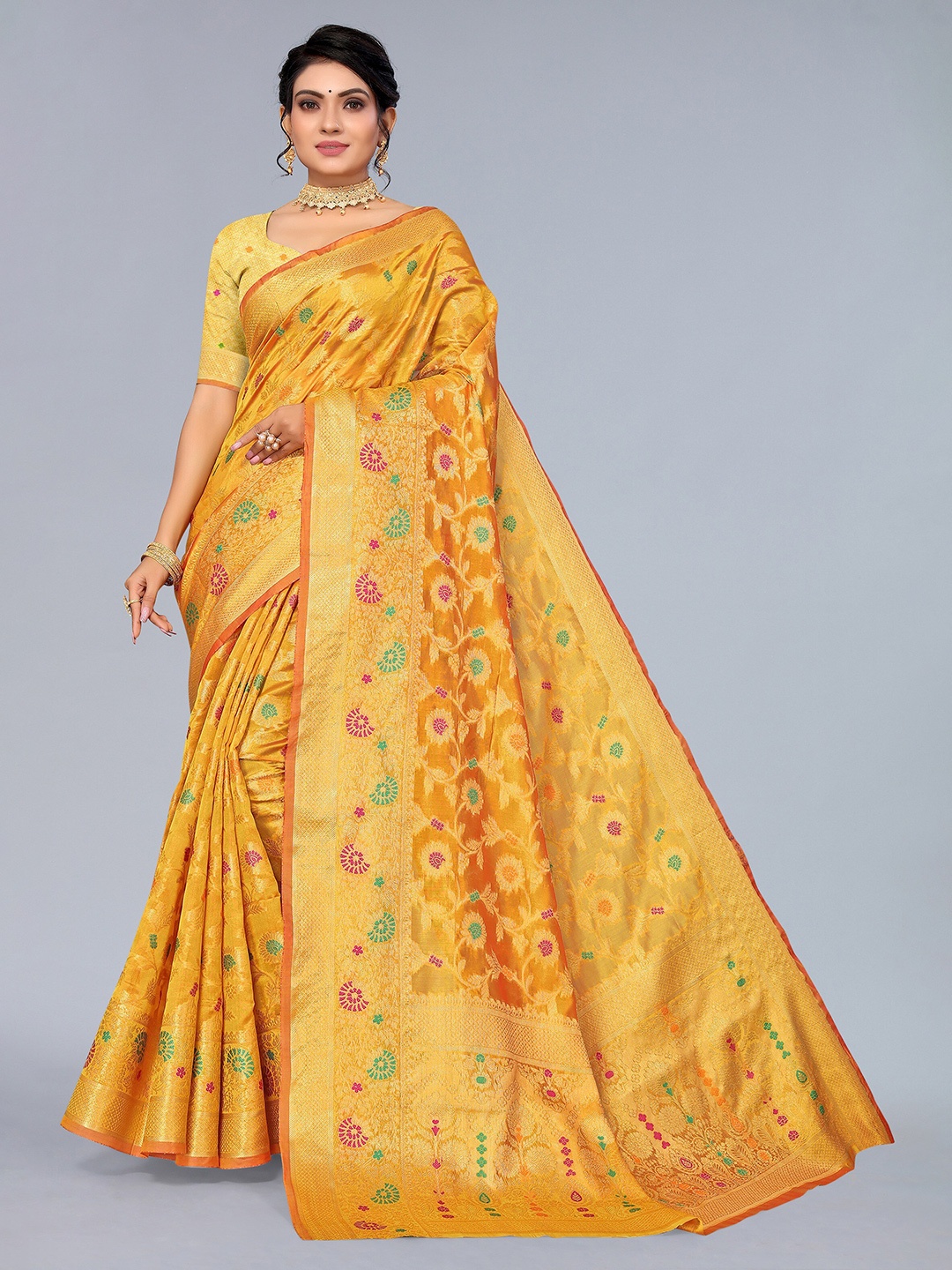 

Mitera Yellow & Green Floral Zari Organza Saree