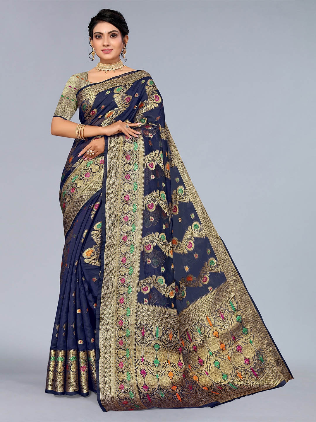 

Mitera Navy Blue & Gold-Toned Floral Zari Organza Kanjeevaram Saree