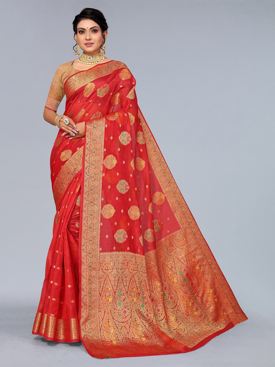 

Mitera Red & Green Ethnic Motifs Zari Organza Saree