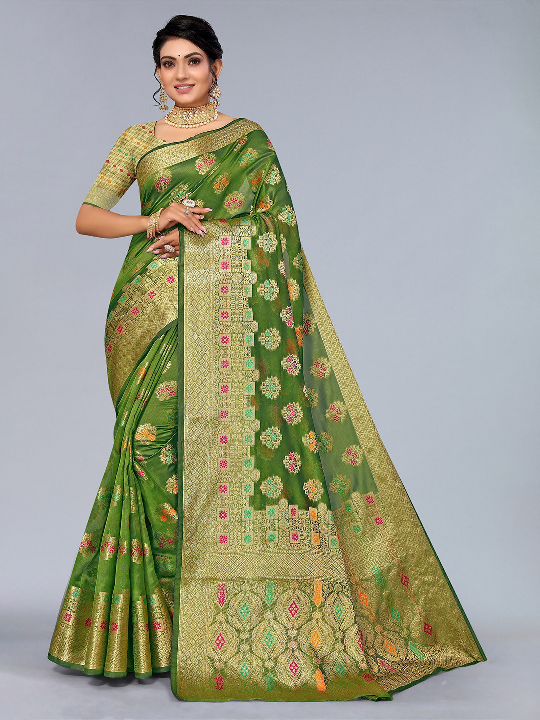 

Mitera Green & Red Ethnic Motifs Zari Organza Saree