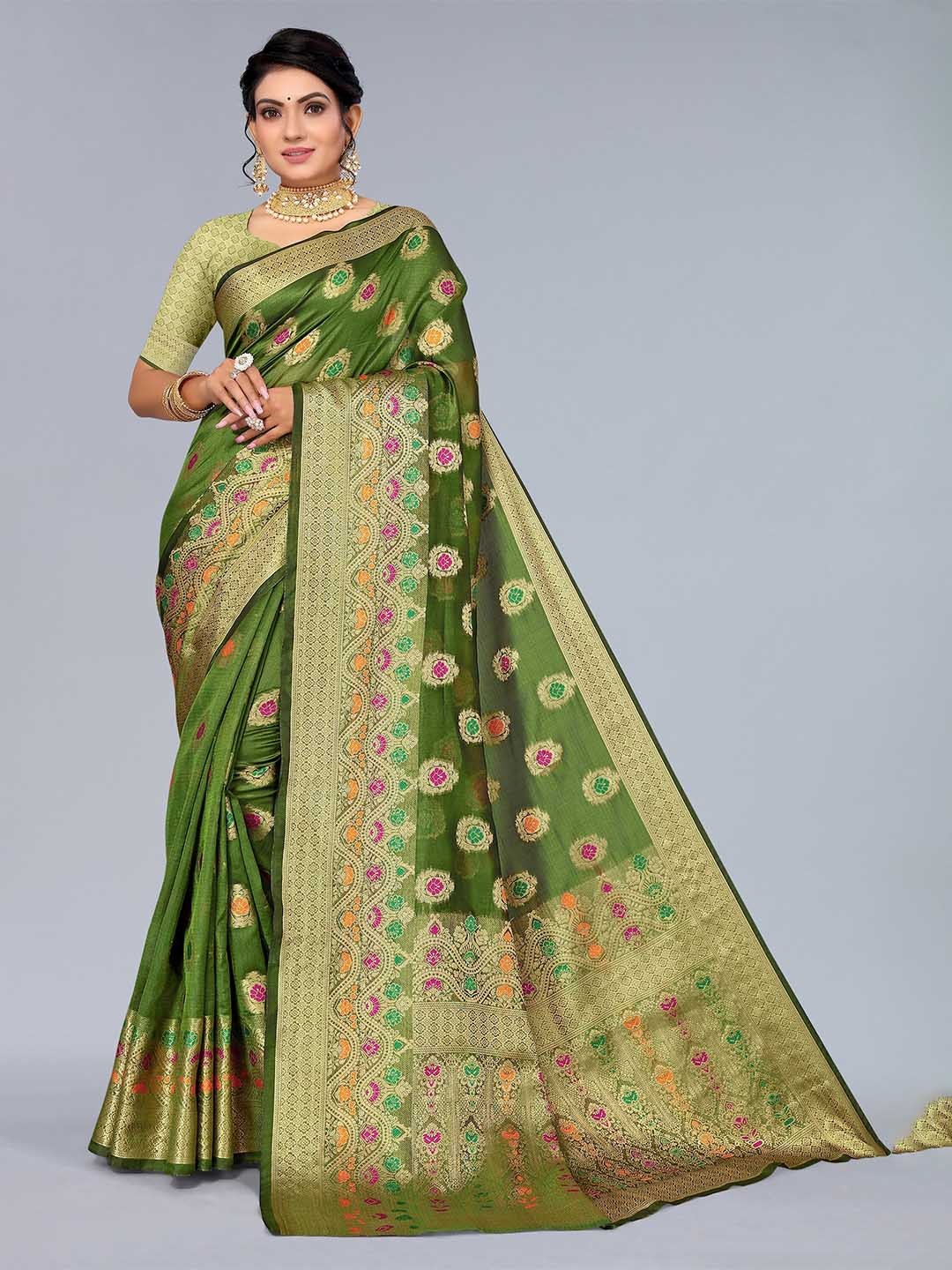 

Mitera Green & Pink Ethnic Motifs Zari Organza Saree