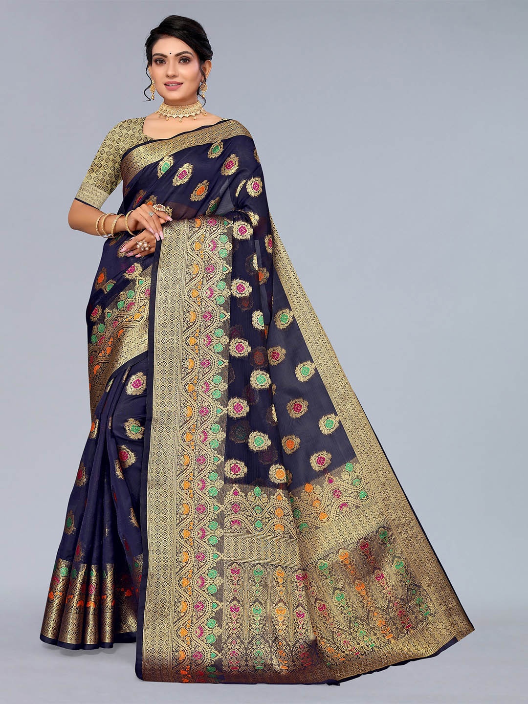 

Mitera Blue & Gold-Toned Ethnic Motifs Zari Organza Saree