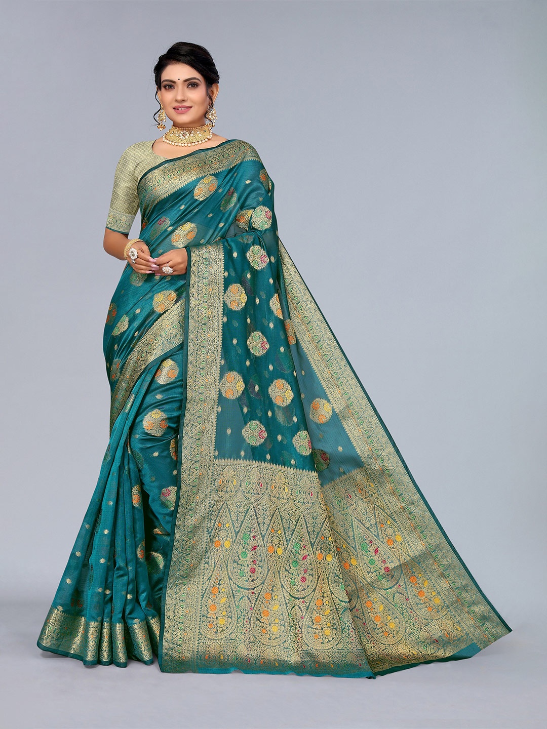 

Mitera Teal & Orange Ethnic Motifs Zari Organza Saree