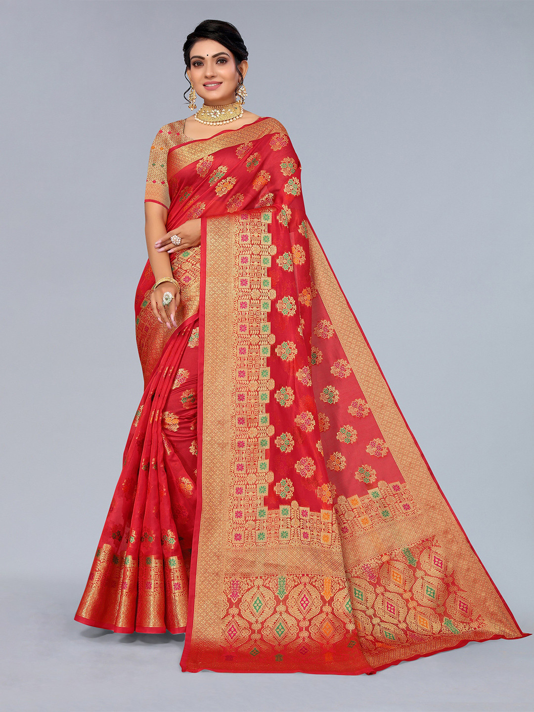

Mitera Red & Gold-Toned Ethnic Motifs Zari Organza Saree