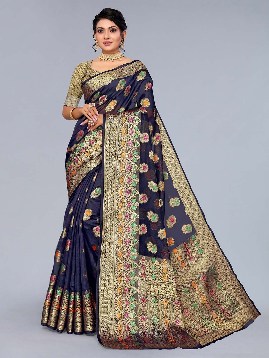 

Mitera Navy Blue & Gold-Toned Ethnic Motifs Zari Organza Kanjeevaram Saree