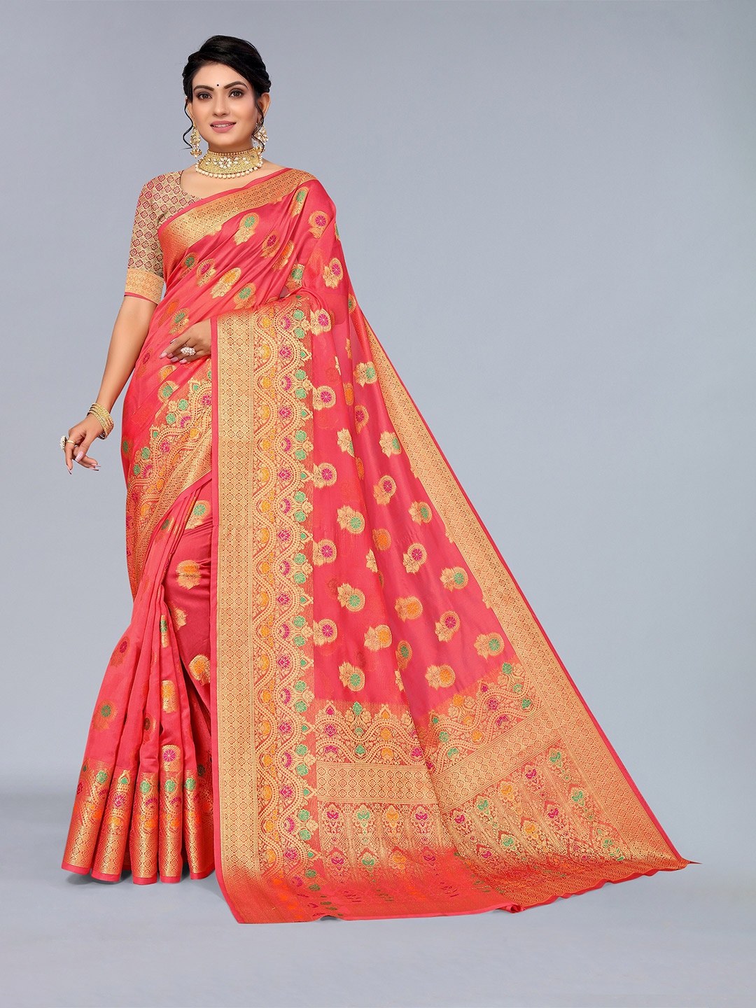 

Mitera Pink & Gold-Toned Ethnic Motifs Zari Organza Saree