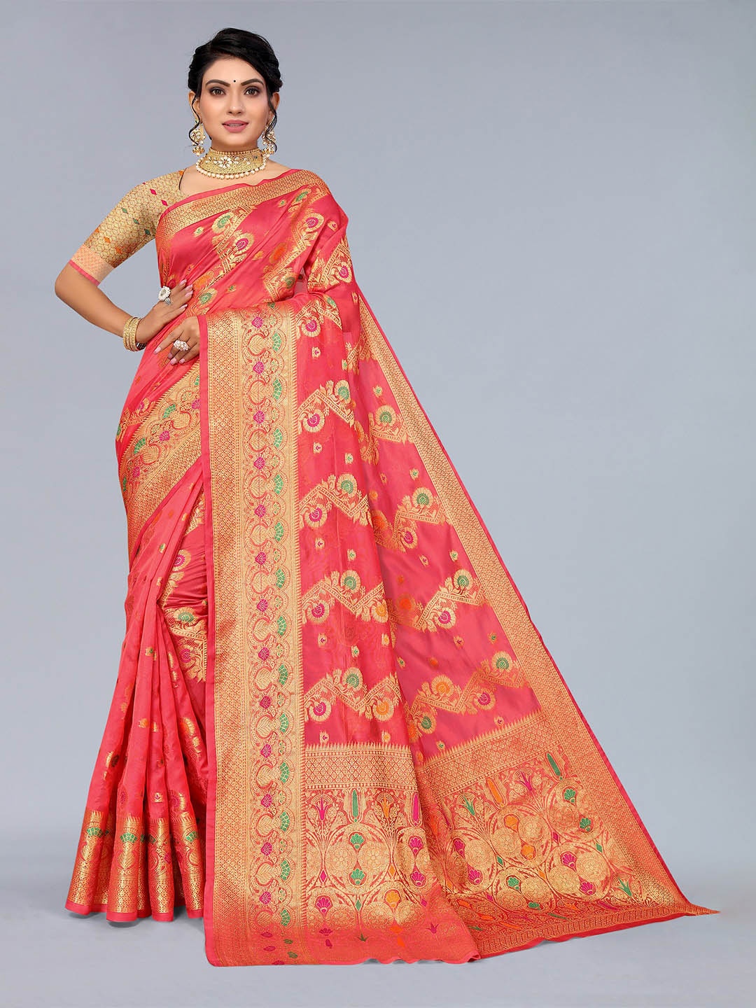 

Mitera Pink & Gold-Toned Ethnic Motifs Zari Organza Saree