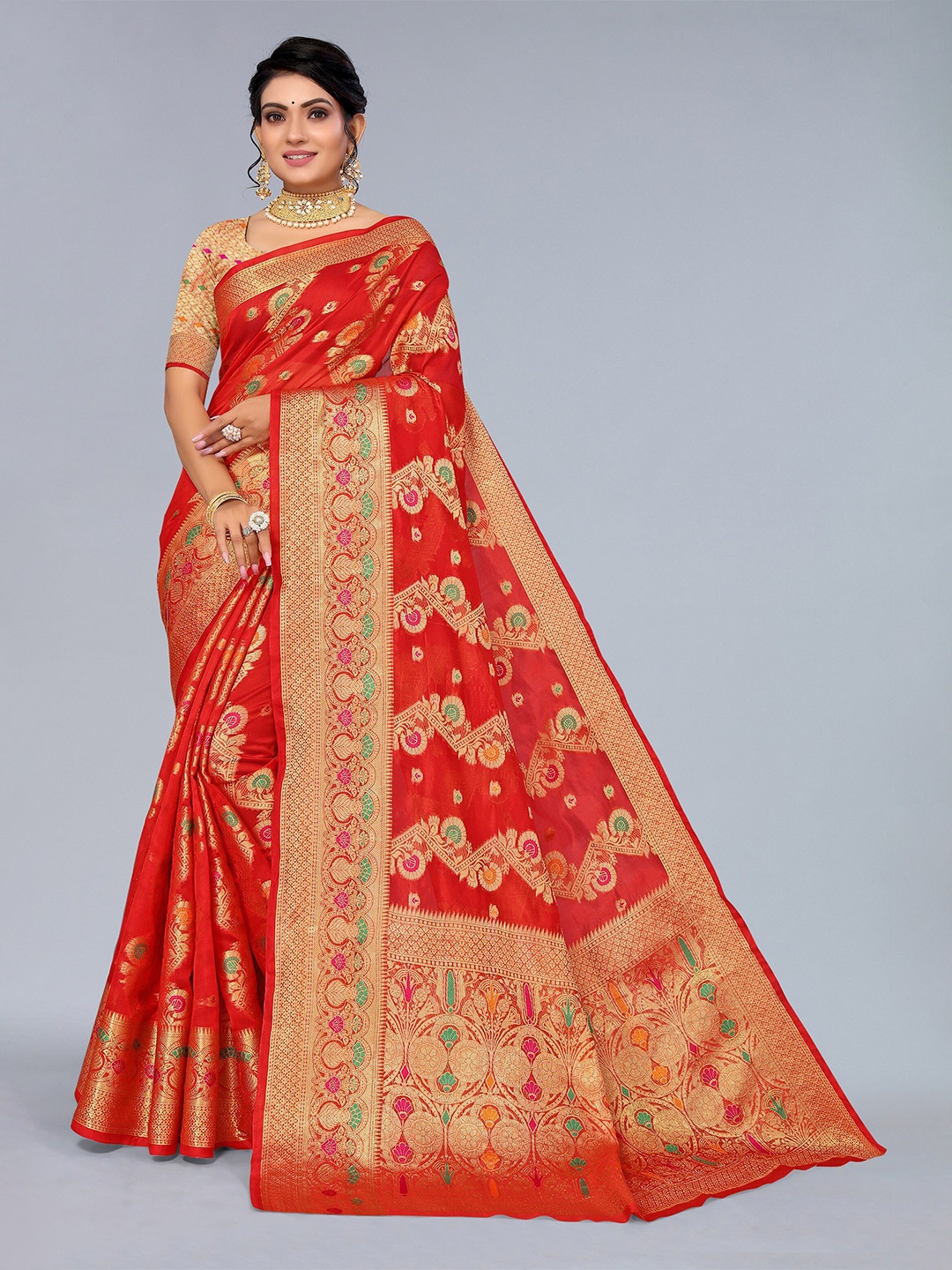 

Mitera Red & Green Ethnic Motifs Zari Organza Saree